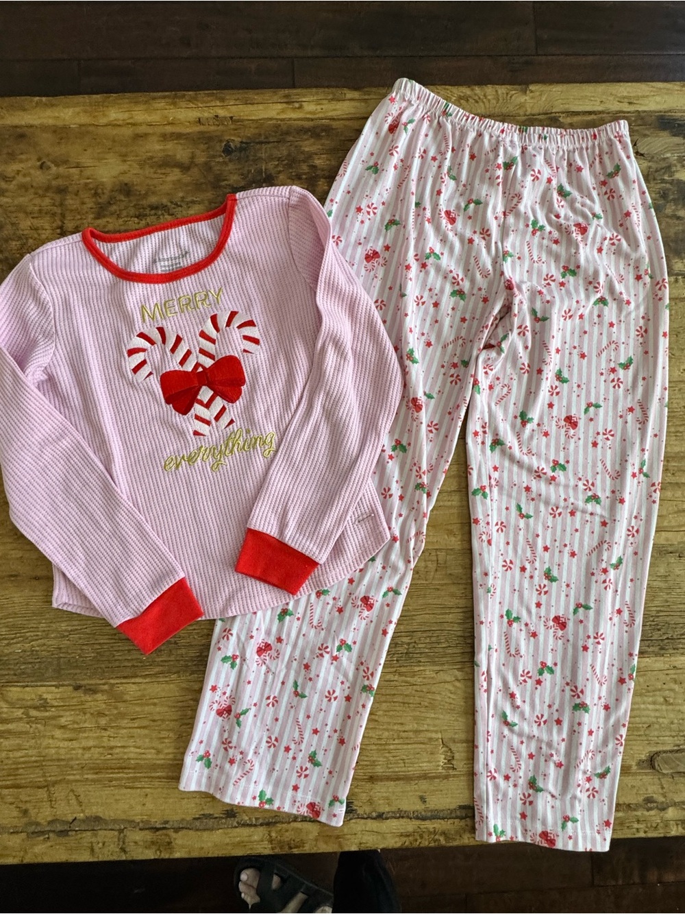 American Girl Pink Holiday Candy Cane Pajama Set with Red Trim, size Medium